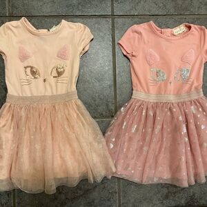 Btween Twin Coordinating Pink Cat Face Dresses with Glitter Skirts